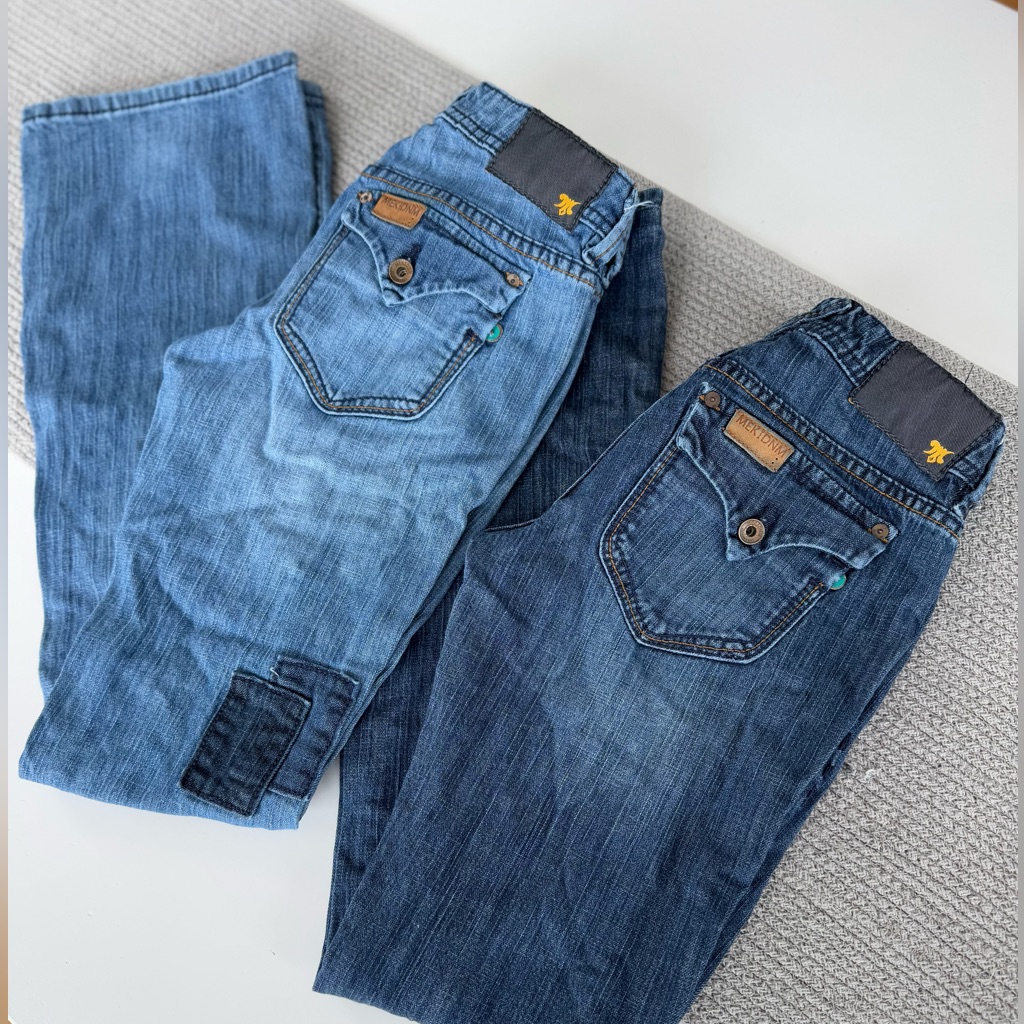 Set/2 Mek Denim Keros Skinny Super Bell Low Rise Flare Jeans Patchwork Dk Rinse
